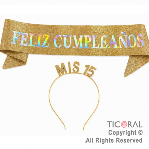 SET VINCHA MIS 15 Y BANDA FELIZ CUMPLEA�OS ORO